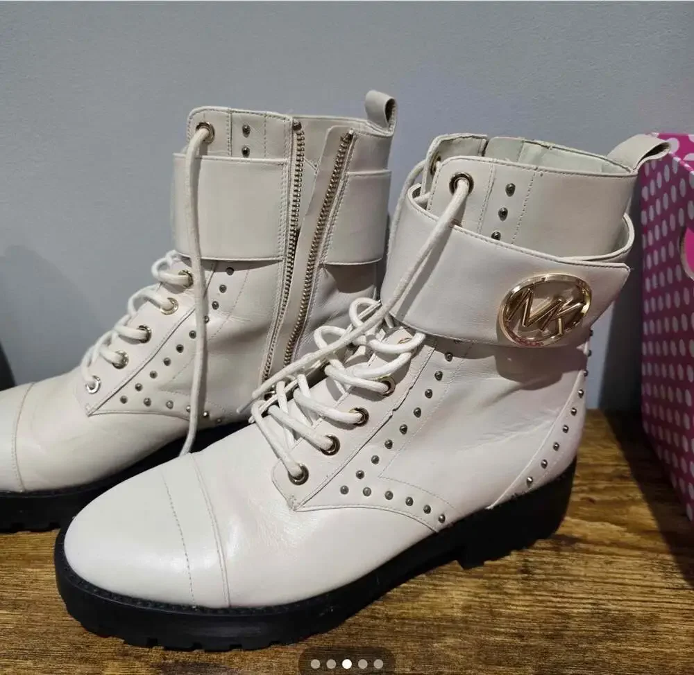 Michael Kors Tatum Leather Combat Boots Size 9M White Gold Studded Biker Boots